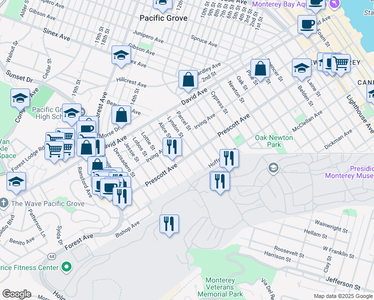 map of restaurants, bars, coffee shops, grocery stores, and more near 725 Lyndon Street in Monterey