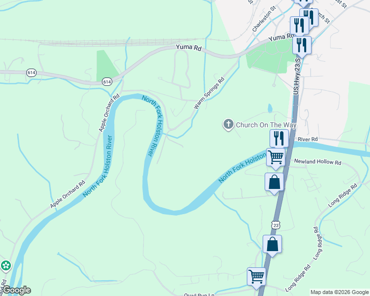 map of restaurants, bars, coffee shops, grocery stores, and more near 204 State Route 614 in Weber City