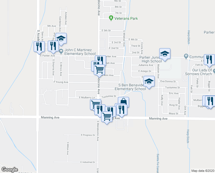 map of restaurants, bars, coffee shops, grocery stores, and more near 13540 East Cypress Avenue in Parlier