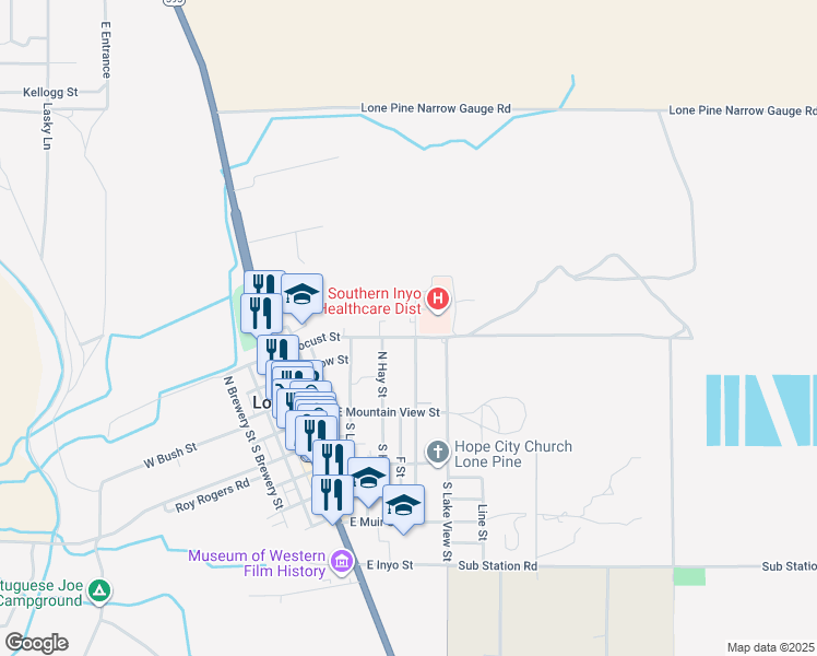 map of restaurants, bars, coffee shops, grocery stores, and more near 451 East Locust Street in Lone Pine
