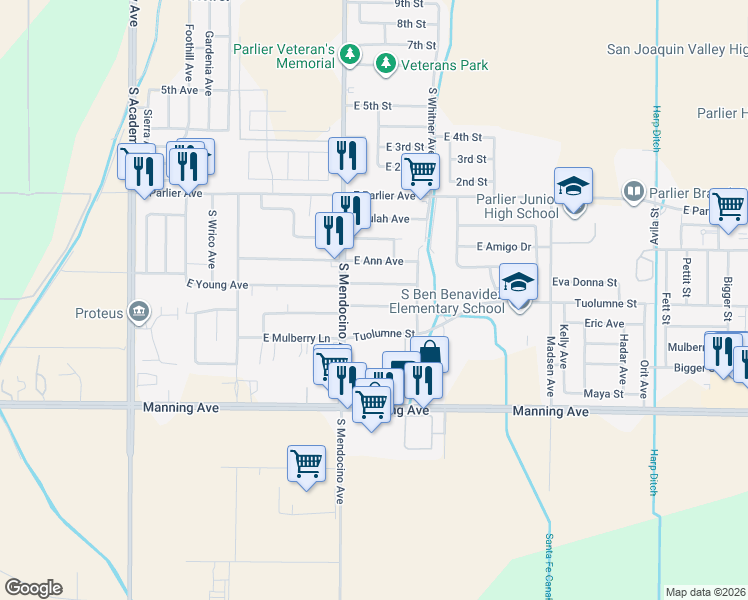 map of restaurants, bars, coffee shops, grocery stores, and more near 13540 East Cypress Avenue in Parlier