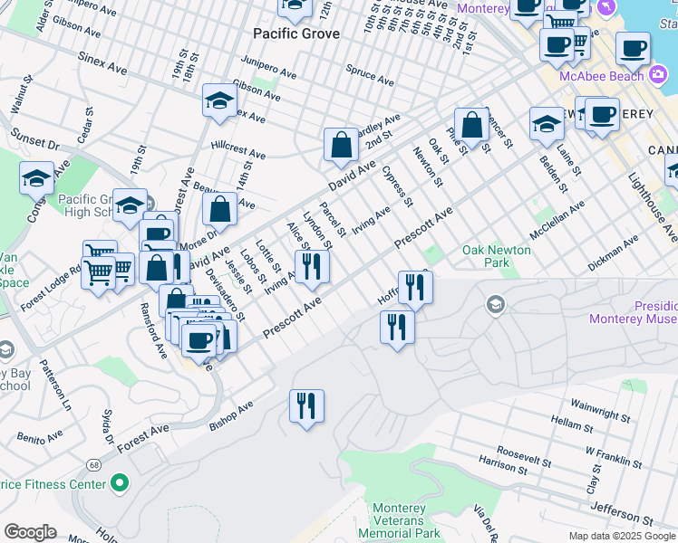 map of restaurants, bars, coffee shops, grocery stores, and more near 725 Lyndon Street in Monterey