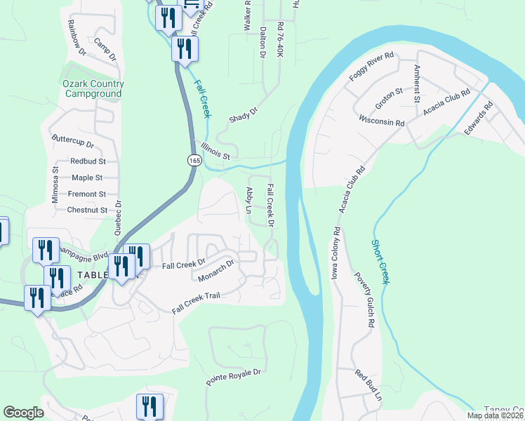 map of restaurants, bars, coffee shops, grocery stores, and more near 440 Fall Creek Drive in Branson