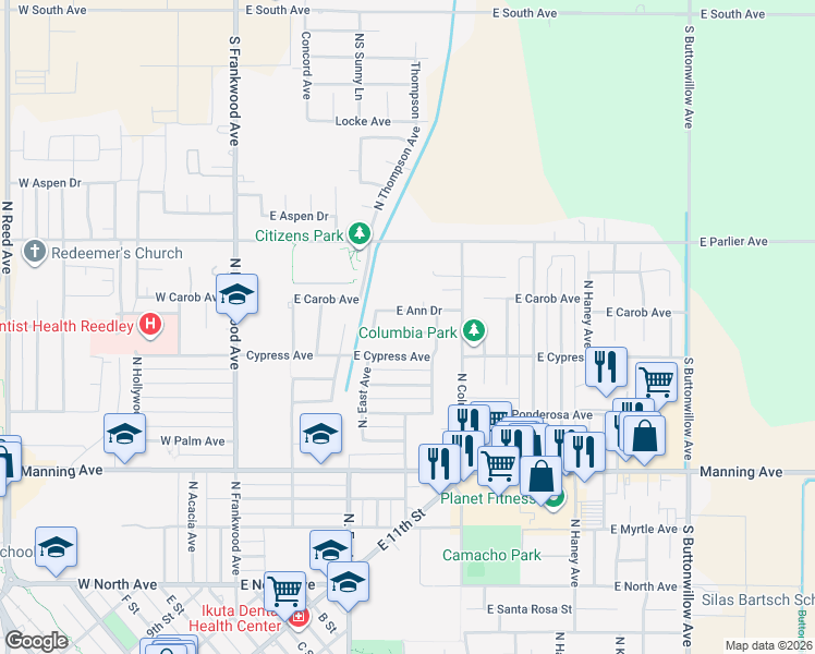 map of restaurants, bars, coffee shops, grocery stores, and more near 721 East Ann Drive in Reedley