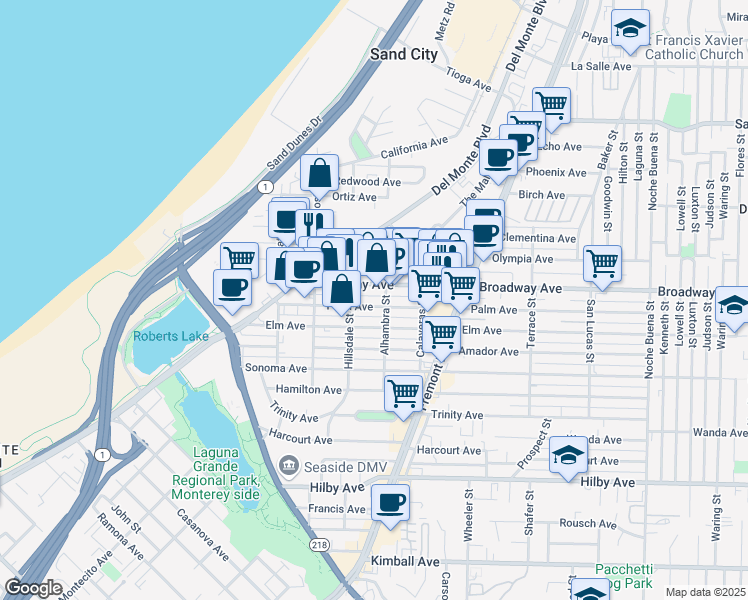 map of restaurants, bars, coffee shops, grocery stores, and more near 680 Broadway Avenue in Seaside