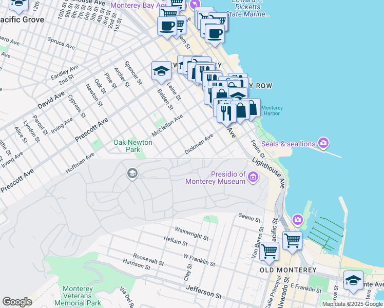 map of restaurants, bars, coffee shops, grocery stores, and more near in Monterey