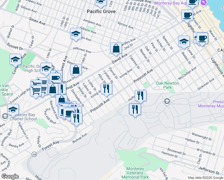map of restaurants, bars, coffee shops, grocery stores, and more near 748 Alice Street in Monterey