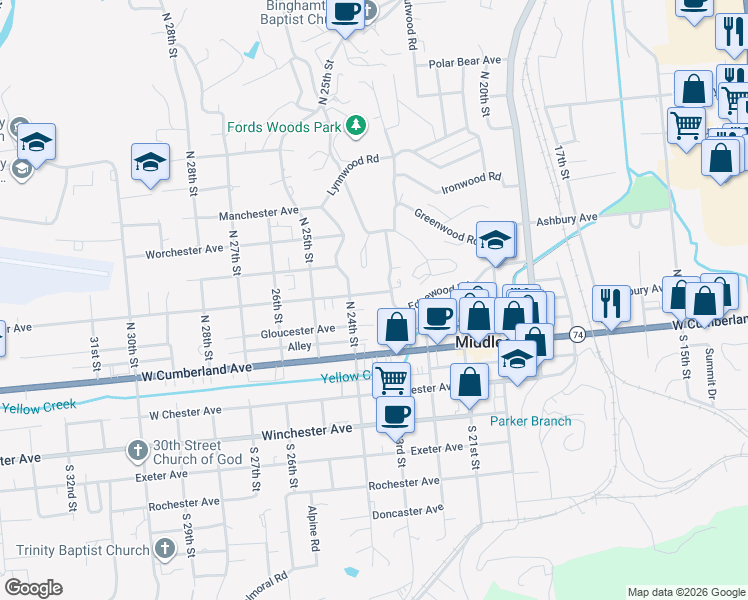 map of restaurants, bars, coffee shops, grocery stores, and more near 409 Dorchester Avenue in Middlesboro