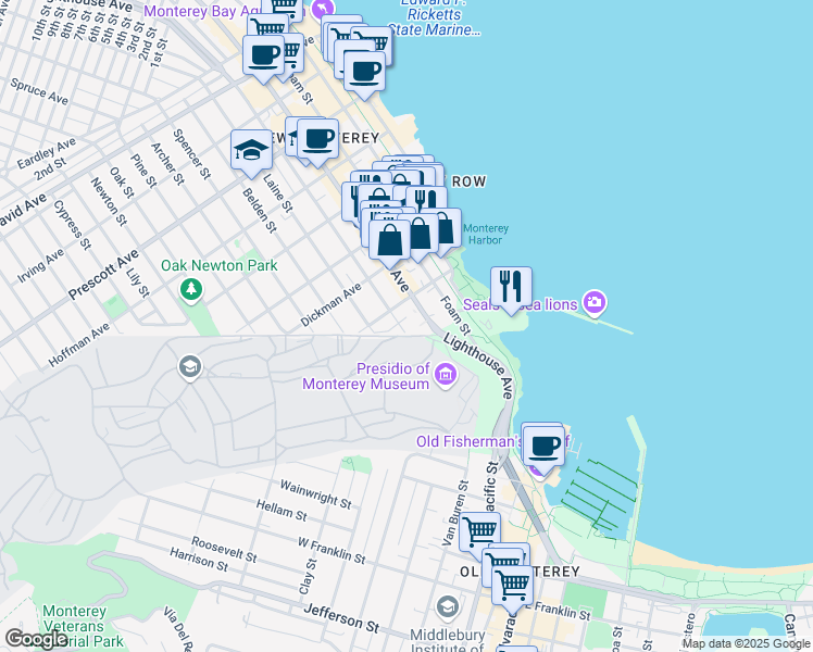 map of restaurants, bars, coffee shops, grocery stores, and more near 150 Hawthorne Street in Monterey