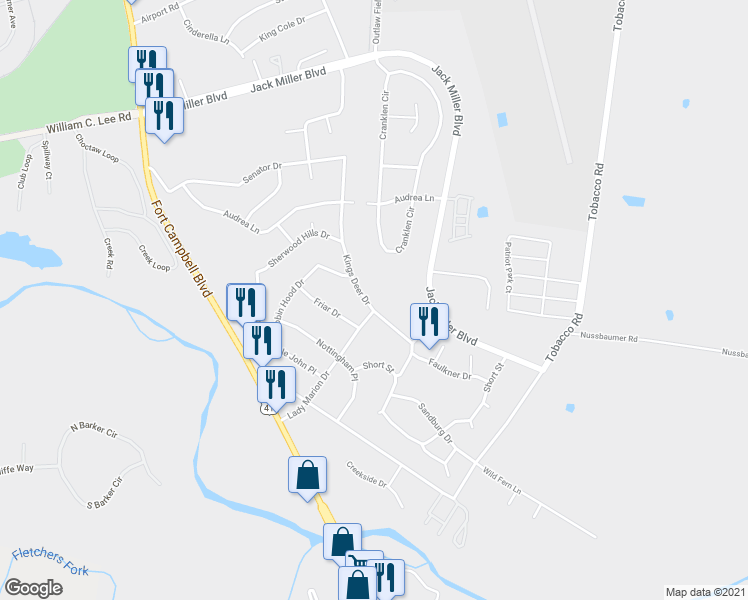 map of restaurants, bars, coffee shops, grocery stores, and more near 197 Kings Deer Drive in Clarksville