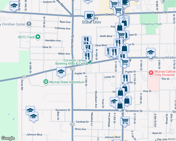 map of restaurants, bars, coffee shops, grocery stores, and more near 107 South 15th Street in Murray