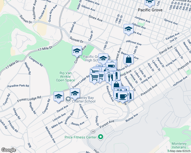 map of restaurants, bars, coffee shops, grocery stores, and more near 801-1281 Forest Lodge Rd in Pacific Grove
