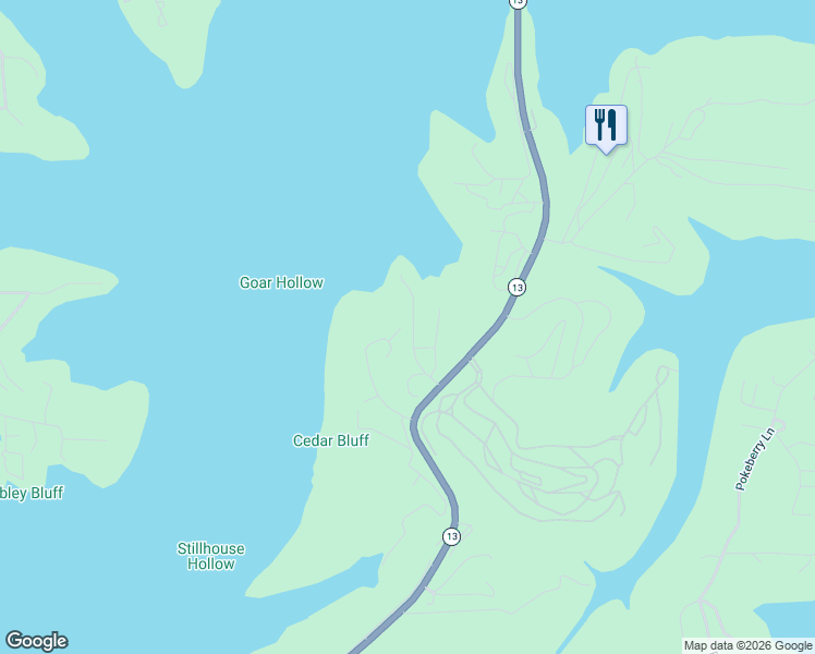 map of restaurants, bars, coffee shops, grocery stores, and more near 163 Shoreline Lane in Kimberling City