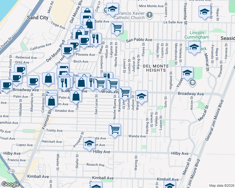 map of restaurants, bars, coffee shops, grocery stores, and more near 1314 Broadway Ave in Seaside