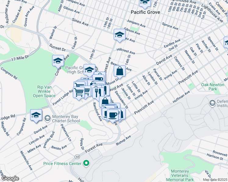 map of restaurants, bars, coffee shops, grocery stores, and more near 1108 Devisadero Street in Pacific Grove
