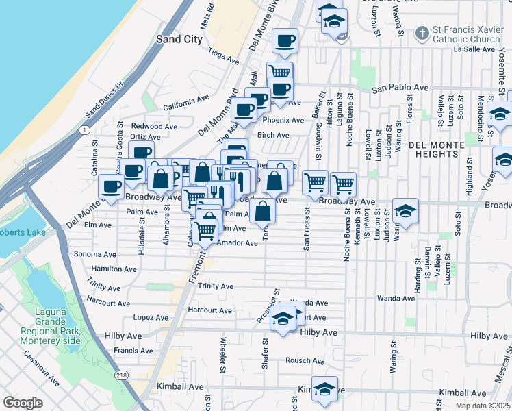 map of restaurants, bars, coffee shops, grocery stores, and more near 1072 Broadway Avenue in Seaside