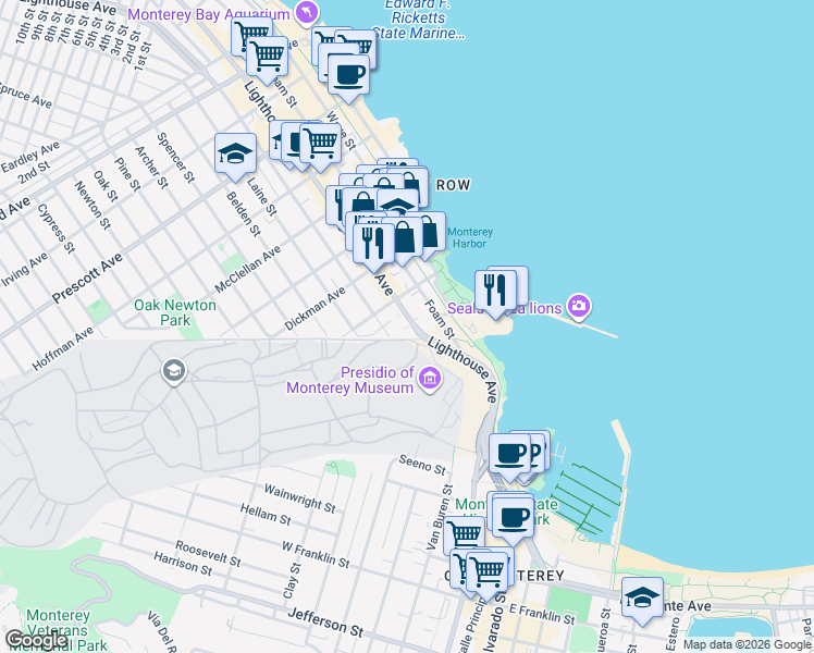 map of restaurants, bars, coffee shops, grocery stores, and more near 100 Lighthouse Avenue in Monterey