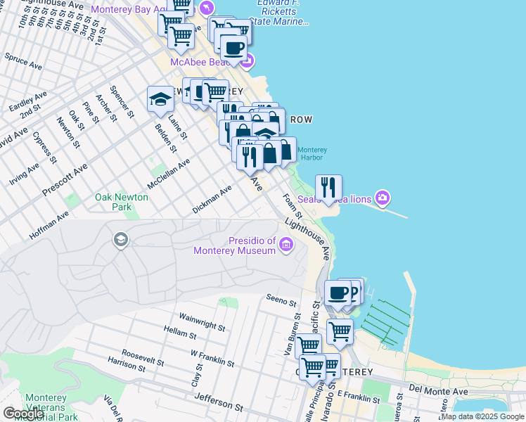 map of restaurants, bars, coffee shops, grocery stores, and more near 198 Hawthorne Street in Monterey