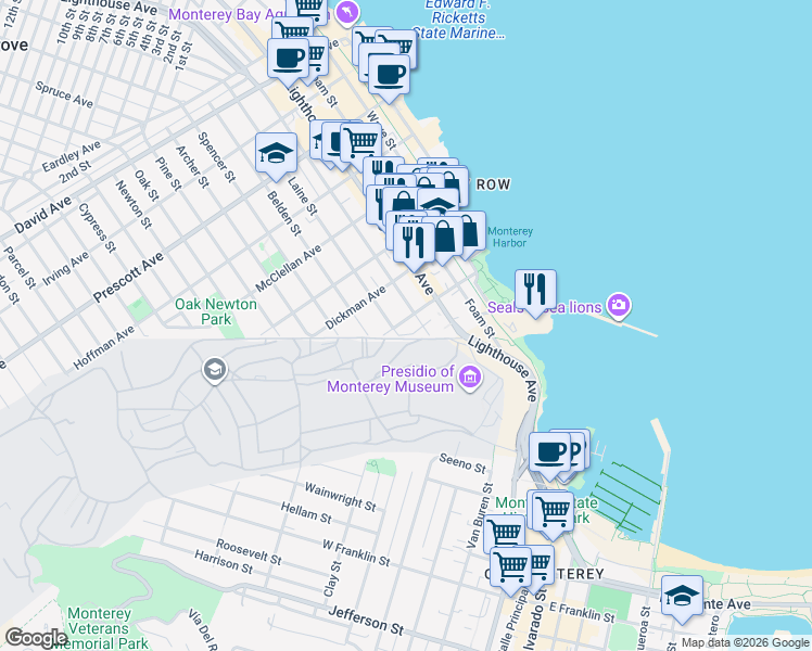 map of restaurants, bars, coffee shops, grocery stores, and more near 198 Hawthorne Street in Monterey