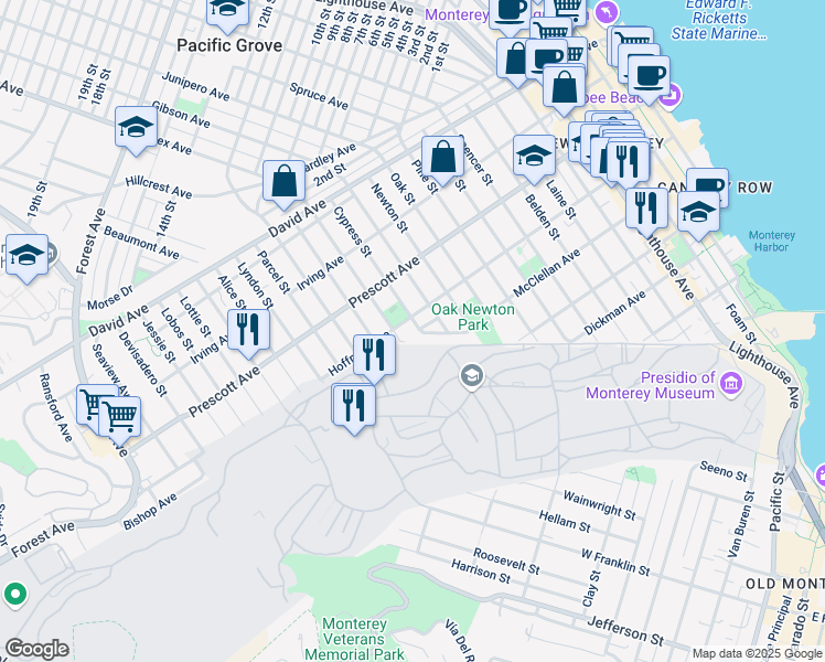 map of restaurants, bars, coffee shops, grocery stores, and more near 583 Cypress Street in Monterey