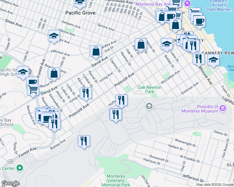 map of restaurants, bars, coffee shops, grocery stores, and more near 636 Grace Street in Monterey