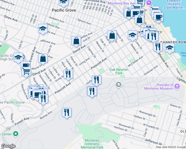 map of restaurants, bars, coffee shops, grocery stores, and more near 636 Grace Street in Monterey