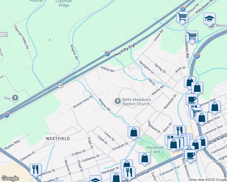 map of restaurants, bars, coffee shops, grocery stores, and more near 1600 Pineview Dr in Bristol