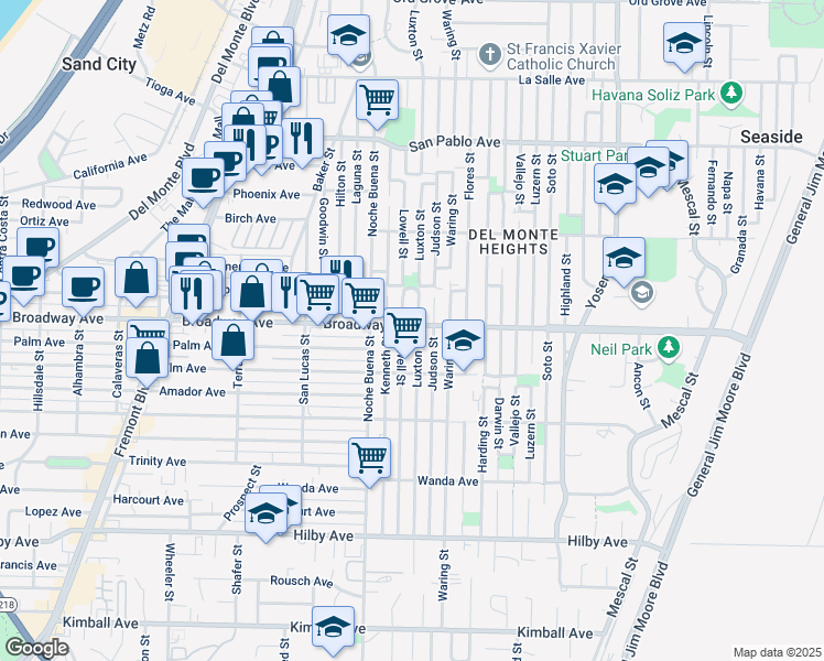 map of restaurants, bars, coffee shops, grocery stores, and more near 1360 Broadway Avenue in Seaside