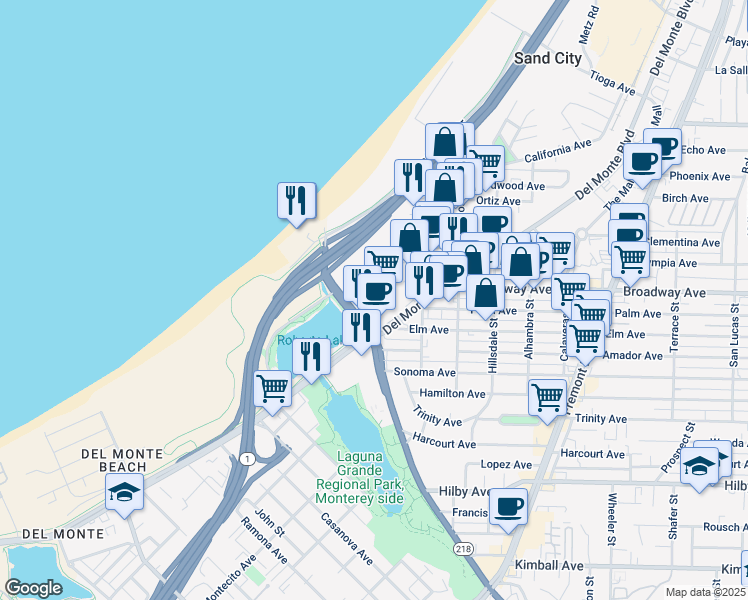 map of restaurants, bars, coffee shops, grocery stores, and more near 1550 Canyon Del Rey Boulevard in Seaside