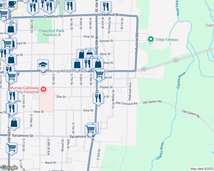map of restaurants, bars, coffee shops, grocery stores, and more near 208 South Cherry Street in Murray