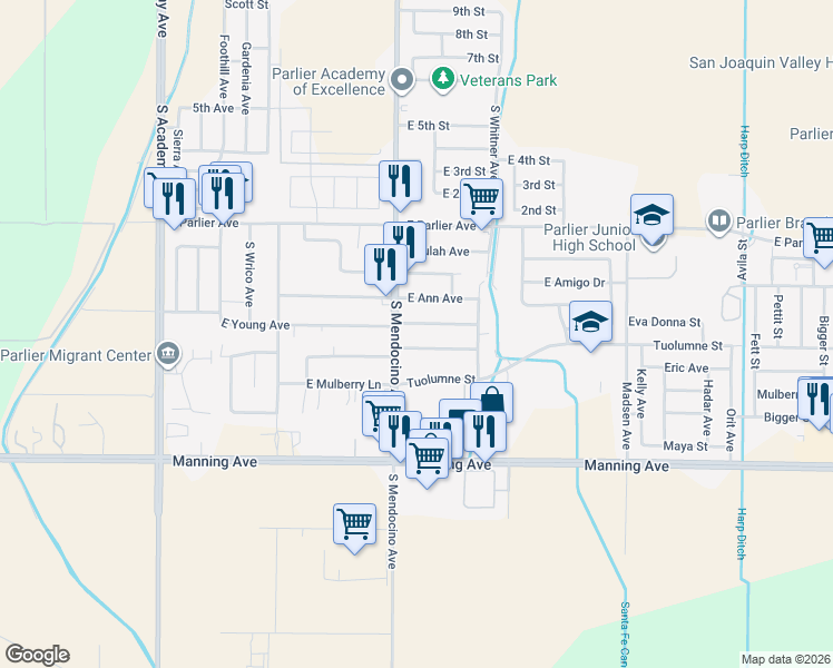 map of restaurants, bars, coffee shops, grocery stores, and more near 13521 East Young Avenue in Parlier