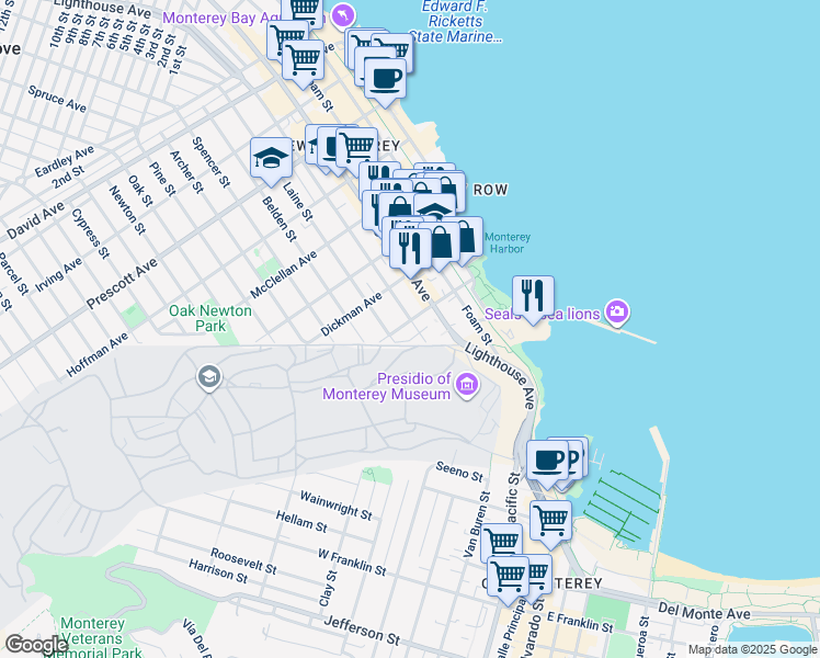 map of restaurants, bars, coffee shops, grocery stores, and more near 198 Hawthorne Street in Monterey