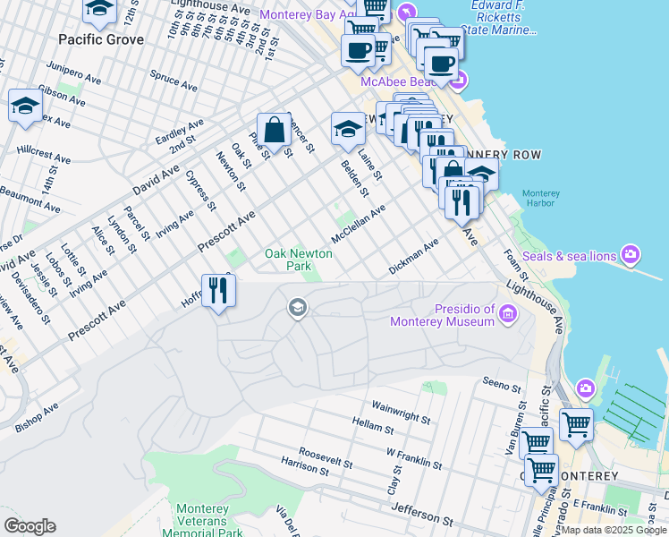 map of restaurants, bars, coffee shops, grocery stores, and more near 414 Pine Street in Monterey