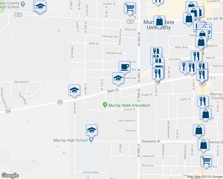 map of restaurants, bars, coffee shops, grocery stores, and more near 103 Hickory Drive in Murray