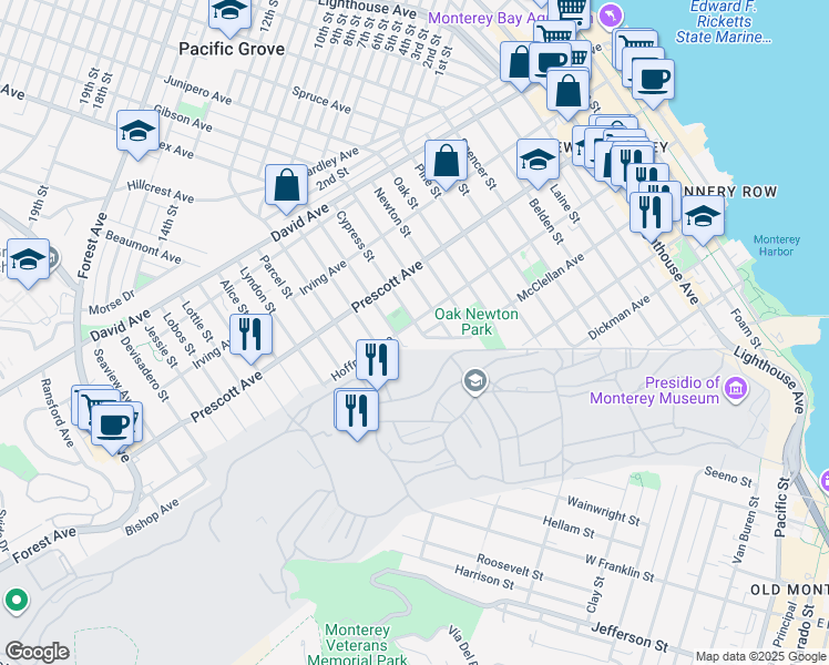 map of restaurants, bars, coffee shops, grocery stores, and more near 583 Cypress Street in Monterey