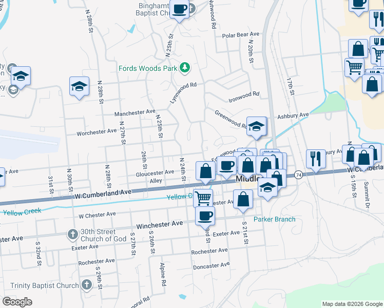 map of restaurants, bars, coffee shops, grocery stores, and more near 409 Dorchester Avenue in Middlesboro