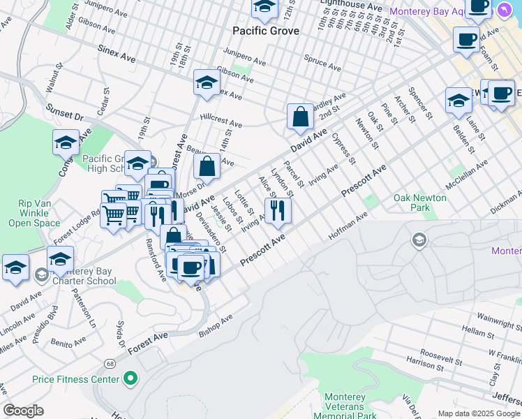 map of restaurants, bars, coffee shops, grocery stores, and more near 815 Taylor Street in Monterey