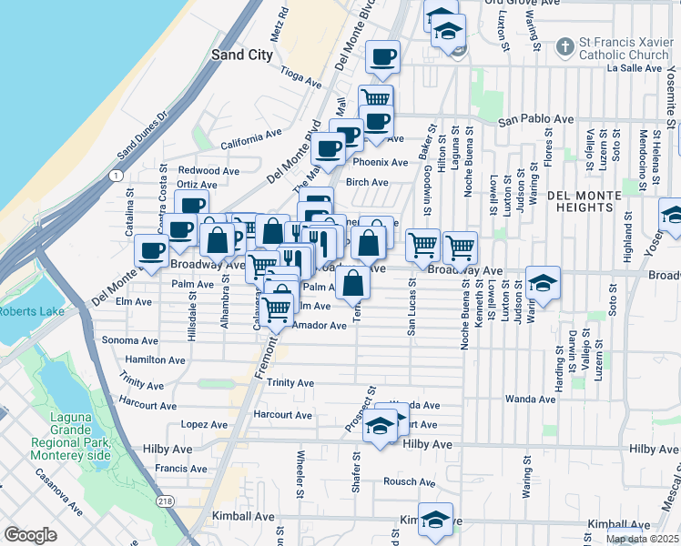 map of restaurants, bars, coffee shops, grocery stores, and more near 1072 Broadway Avenue in Seaside