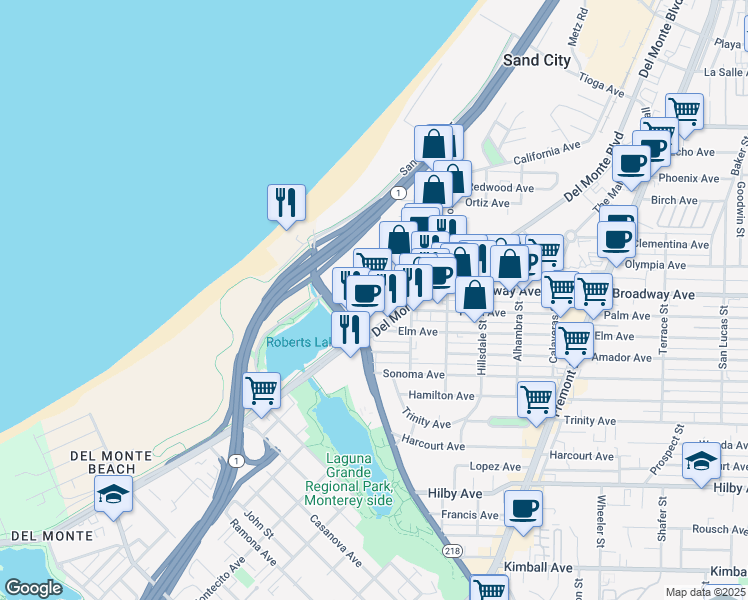 map of restaurants, bars, coffee shops, grocery stores, and more near 1560 Canyon Del Rey Boulevard in Seaside