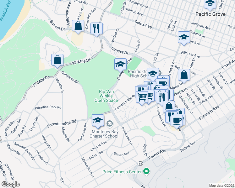 map of restaurants, bars, coffee shops, grocery stores, and more near 30 Country Club Gate in Pacific Grove