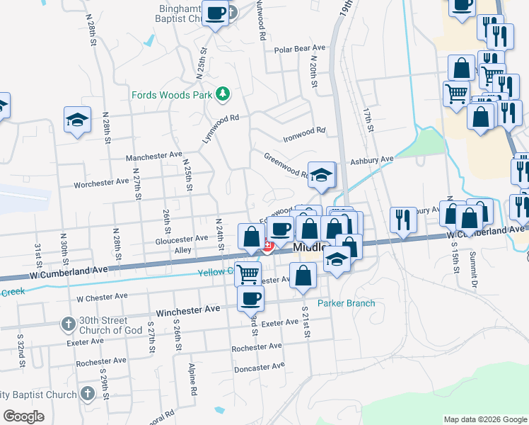 map of restaurants, bars, coffee shops, grocery stores, and more near 303 Englewood Road in Middlesboro