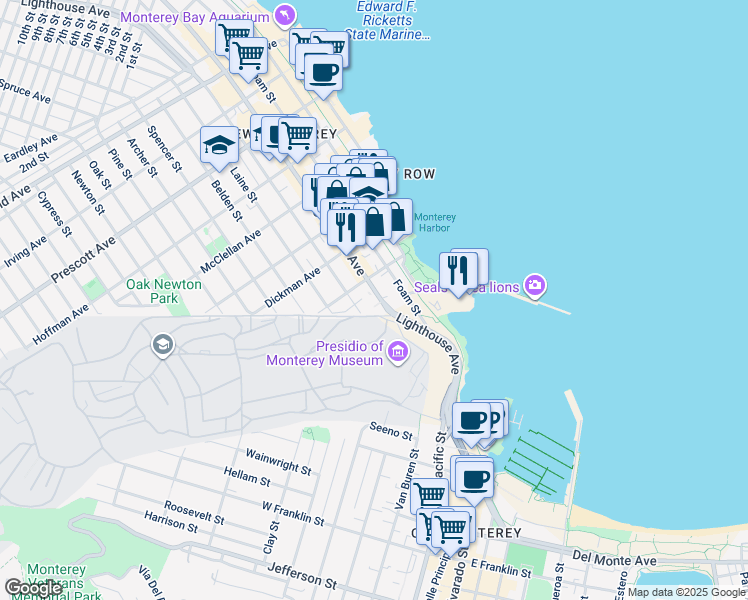 map of restaurants, bars, coffee shops, grocery stores, and more near 100 Lighthouse Avenue in Monterey
