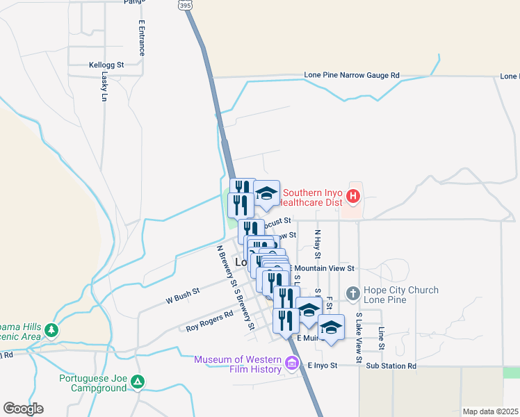 map of restaurants, bars, coffee shops, grocery stores, and more near 223 East Locust Street in Lone Pine