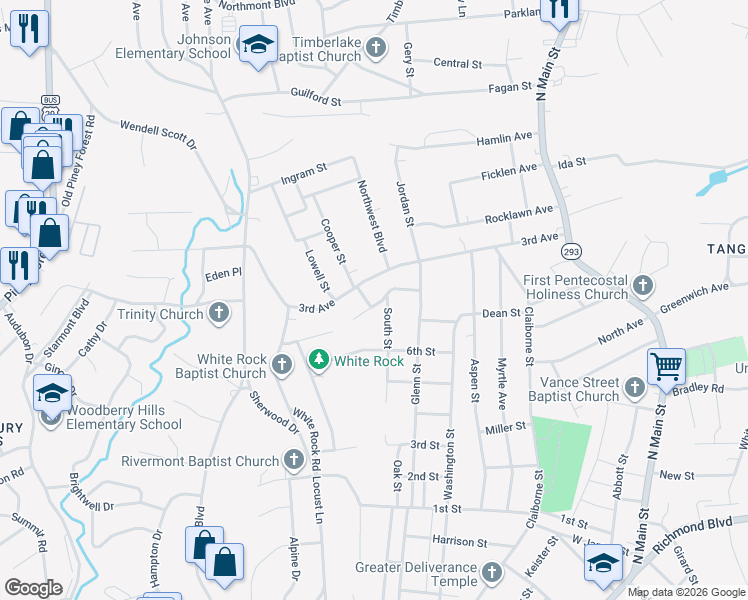 map of restaurants, bars, coffee shops, grocery stores, and more near 432 Rice Street in Danville