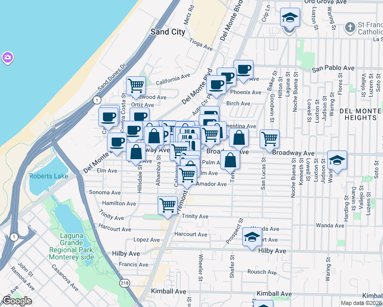 map of restaurants, bars, coffee shops, grocery stores, and more near 880 Broadway Avenue in Seaside