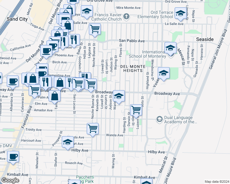map of restaurants, bars, coffee shops, grocery stores, and more near 1401 Broadway Avenue in Seaside