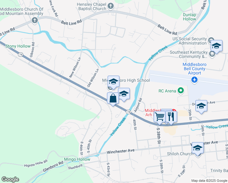 map of restaurants, bars, coffee shops, grocery stores, and more near 4404 West Cumberland Avenue in Middlesboro
