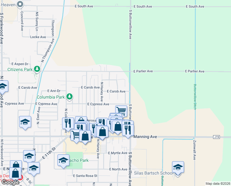 map of restaurants, bars, coffee shops, grocery stores, and more near 1437 North Cedar Avenue in Reedley