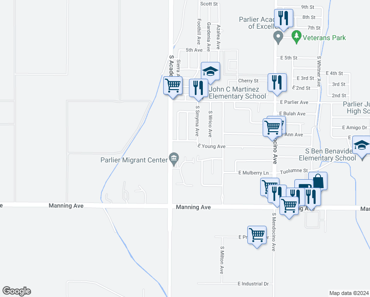 map of restaurants, bars, coffee shops, grocery stores, and more near 13121 East Young Avenue in Parlier