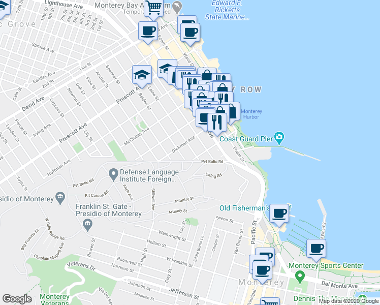 map of restaurants, bars, coffee shops, grocery stores, and more near 225 Laine Street in Monterey